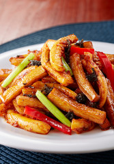 Delicious Chinese food, spicy fried eggplant