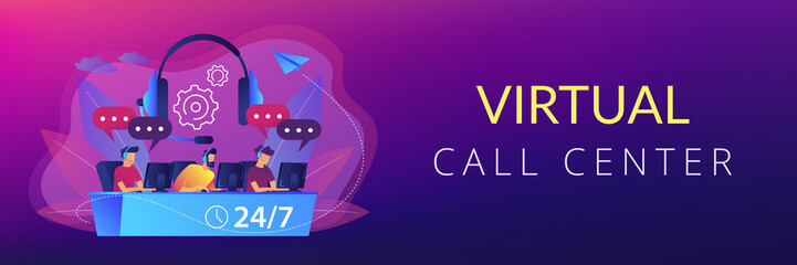 Customer service operators with headsets at computers consulting clients 24 for 7. Call center, handling call system, virtual call center concept. Header or footer banner template with copy space.