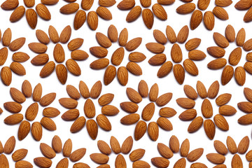 A collection of peeled almond nuts lies in the shape of a circle or sun on an isolated white background with a clipping path. Peeled Almond Pattern