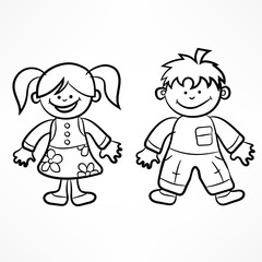Happy cartoon boy and girl on white. Figures of funny characters
