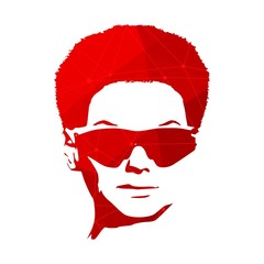 Portrait of beautiful woman in black sunglasses. Short hair. Connected lines with dots.