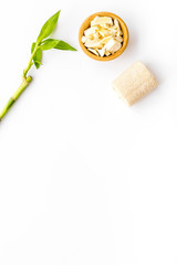 Asian spa procedure with natural ingredients concept. Bamboo branch, spa cosmetics on white background top view copy space
