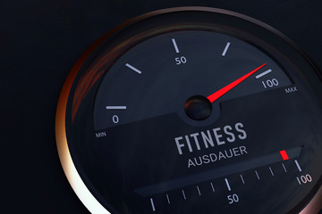 Gesundheit. Konzept zur Gemeinsamkeit zwischen Fitness und Ausdauer. Auto-Tacho zeigt symbolisch Maximum auf einer Skala an. 