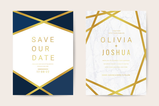 Luxury wedding invitation cards with gold marble texture and geometric pattern minimal style vector design template