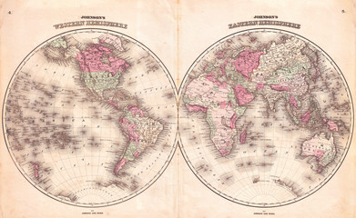 Fototapeta na wymiar 1862, Johnson Map of the World on Hemisphere Projection