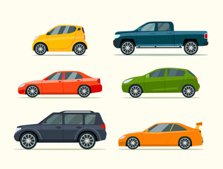 Big set of of different models of cars. Vector flat style  illustration