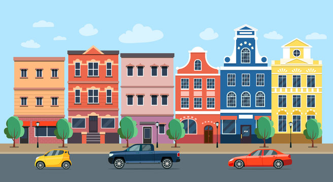 City street panoramic. City life set buildings and cars. Vector flat style illustration.