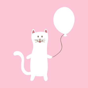 White cat holding balloon, Cartoon flat vector design
