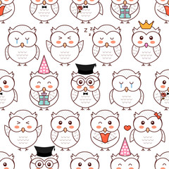 Owls pattern, different emotions, cartoon vector seamless pattern, isolated on white background.
