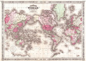 1865, Johnson Map of the World on Mercator Projection