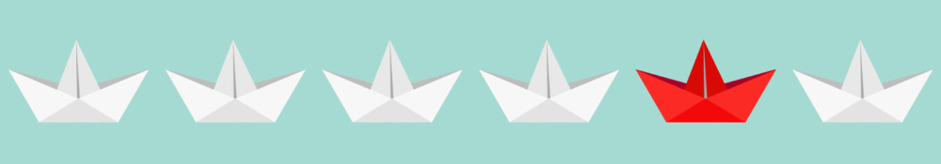 Naklejka premium Origami paper boat ship icon set. White and red color. Handmade toy line. Flat design. Blue background. Isolated.