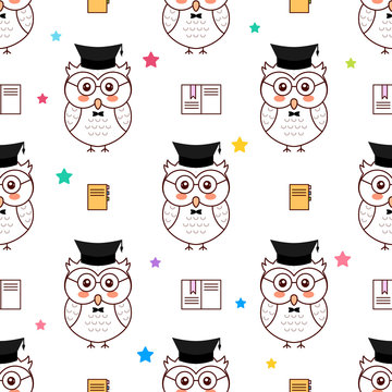 Wise owl with books, going to school, cartoon vector seamless pattern, isolated on white background..
