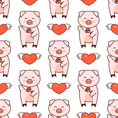 Obraz premium Pigs in love with hearts cartoon pattern, kawaii vector illustration, isolated on white background