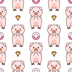 Obraz premium Pigs cute cartoon pattern, kawaii vector illustration, isolated on white background