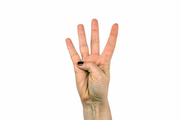 Close-up four finger on white, communication background