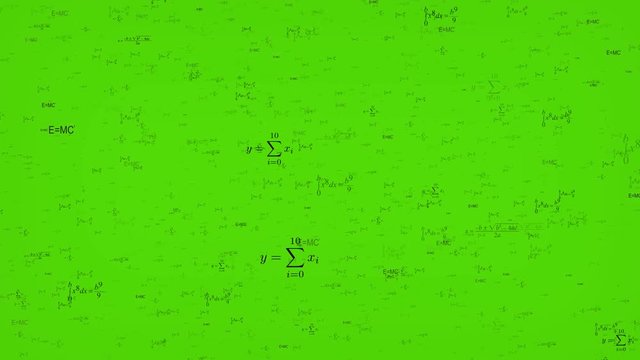 Background with flying formulas and equations on green screen