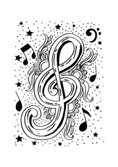 Musical background with a treble clef.