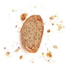 Bread toast  isolated on  white background. Crumbs and Bread slice close up. Bakery, food concept. Top view
