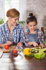 Mom and daughter cook together at home