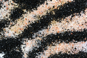 Layered colorful sand pattern. Marble style background. Black, white and gold powder texture