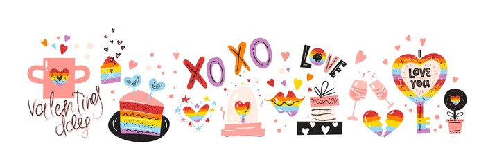 Fototapeta premium Rainbow Valentines Day icons set design with hand drawn elements