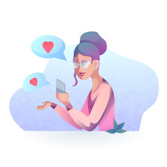 Vector textural illustration of a hipster girl flirting on the phone in modern style. Mobile dating. Together at a distance. Vector stylized illustration for your creativity.