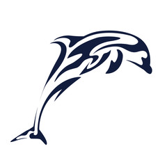 Stylized illustration of a jumping dolphin. The object is separate from the background. Vector element for tattoos, t-shirt printing, logos and your design. © veleri_kz