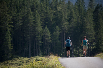 Tourists on the forest road in the  Switzerland, Monch and Jungfrau mountain (Swiss Alps) in the background, Berner Oberland, Grindelwald