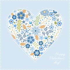 Heart pattern with beautiful blue flowers. Unusual card for Valentine day. Vector illustration.