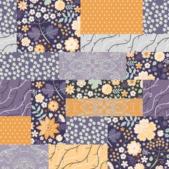 Seamless patchwork pattern with floral and ornamental patches. Beautiful vector illustration of quilt. - obrazy, fototapety, plakaty