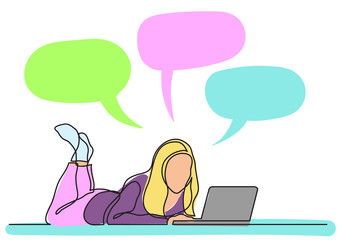 one line drawing of woman lying with laptop