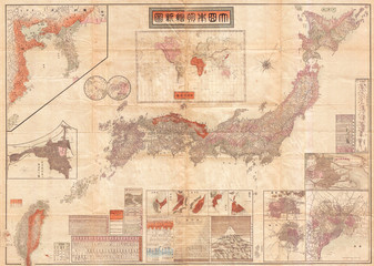1895, Meiji 28 Japanese Map of Imperial Japan with Taiwan