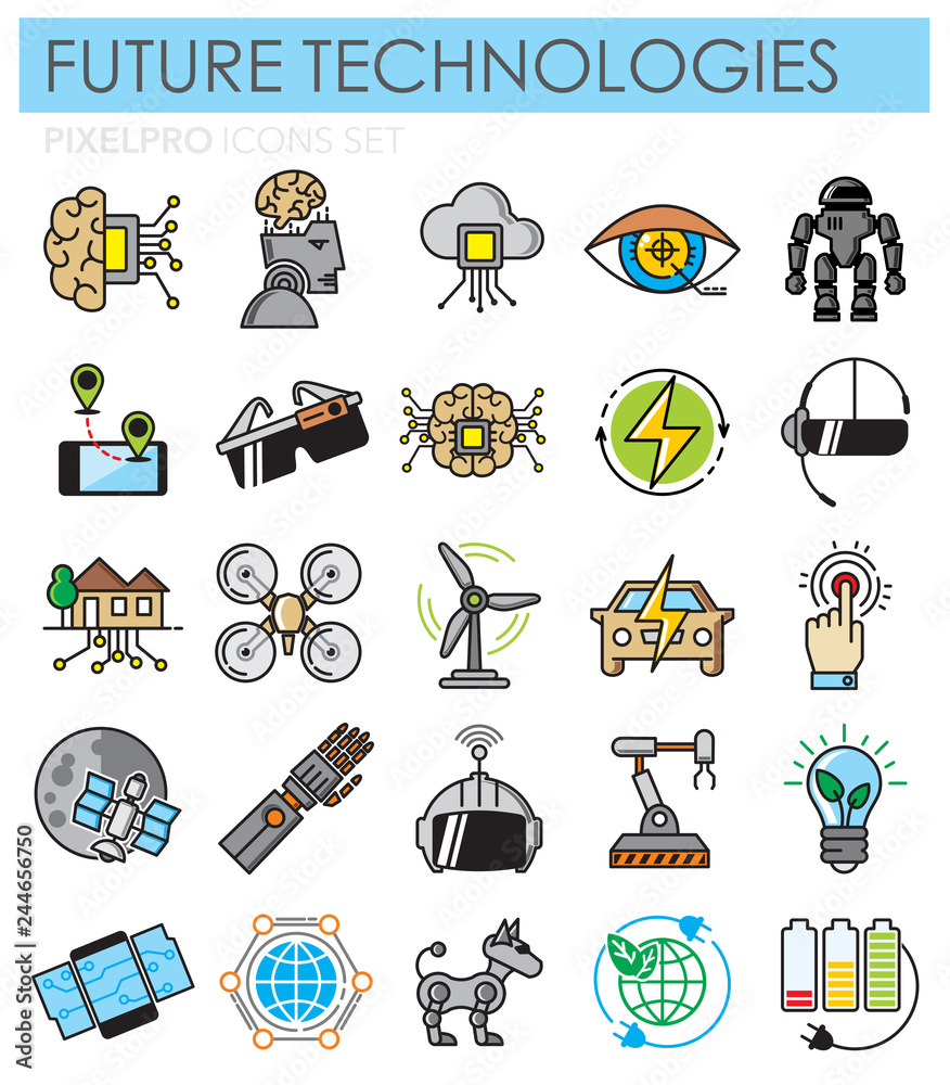 Poster future technologies outlin color icons set on white background for graphic and web design, modern si
