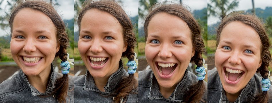 A collage of 4 photos. different stages of laughter