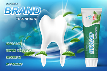 Whitening toothpaste ads, mint leaves background. Tooth model and product package design for toothpaste poster or advertising. 3d Vector illustration.
