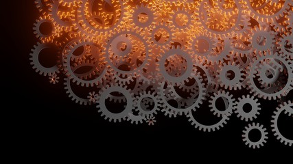 Bright red flash inside a set of gears. 3d illustration