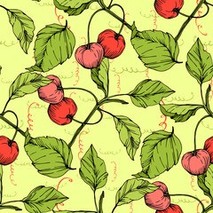 Vector Cherry fruits on white background. Green leaf. Red and green engraved ink art. Seamless background pattern.