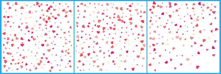 Red hearts confetti celebrations. Simple festive modern design. Holiday vector. Set 3 in 1