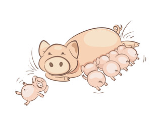 Pig family. Vector illustration, Big sow feeding cubs.