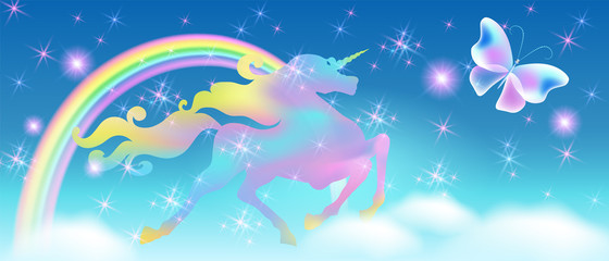 Obraz na płótnie Canvas Rainbow in the sky and galloping unicorn with luxurious winding mane against the background of the iridescent universe with sparkling stars