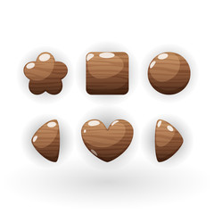 Wooden set of different shapes, cartoon glossy buttons illustration. Vector game asset for gui design, graphic kit for game ui development isolated on white background.