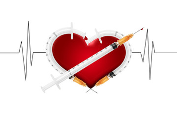 Heart made by syringes, isolated on white background. Vaccination saves lives - concept. Cardiogram