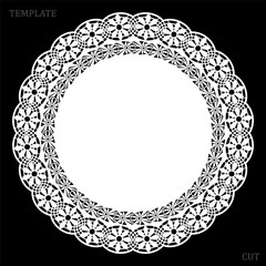 Lace round paper doily, greeting element, laser cut  template, doily to decorate the cake,  vector illustrations. - obrazy, fototapety, plakaty