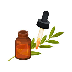 Brown glass bottle of essential oil, pipette with drop and branch with green leaves. Natural cosmetic Flat vector icon