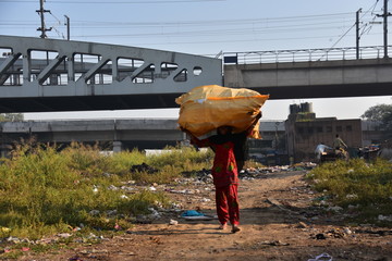 インドの首都のデリー　線路沿いのスラム　資源ごみを運ぶインド人女性