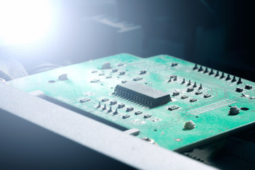 Electronic Board. Small depth of field. Lens flare