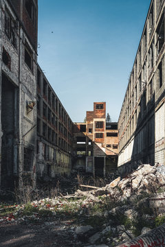Detroit, Michigan, United States - October 2018: View of the abandoned Packard Automotive Plant in Detroit. The Packard Plant sprawls multiple city blocks and measures in at 3.5 million square feet