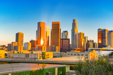 Fototapeta na wymiar View of the Downtown of LA in the evening, before sunset time.