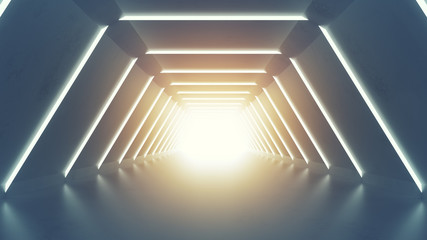 Futuristic tunnel with fluorescent lights 3D render