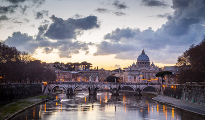 Sunset in Rome with the Vatican and the Tiber river. Rome, Lazio, Italy